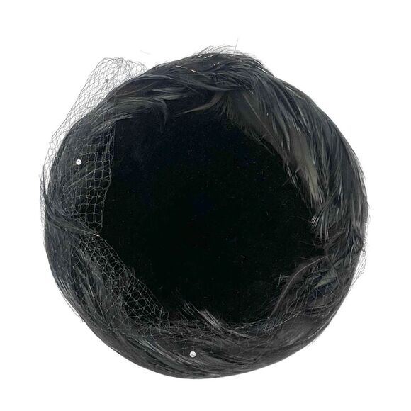 Vintage 1950s Coralie Feathered Pillbox Hat Black Velour with Veil & Rhinestones - Picture 11 of 15